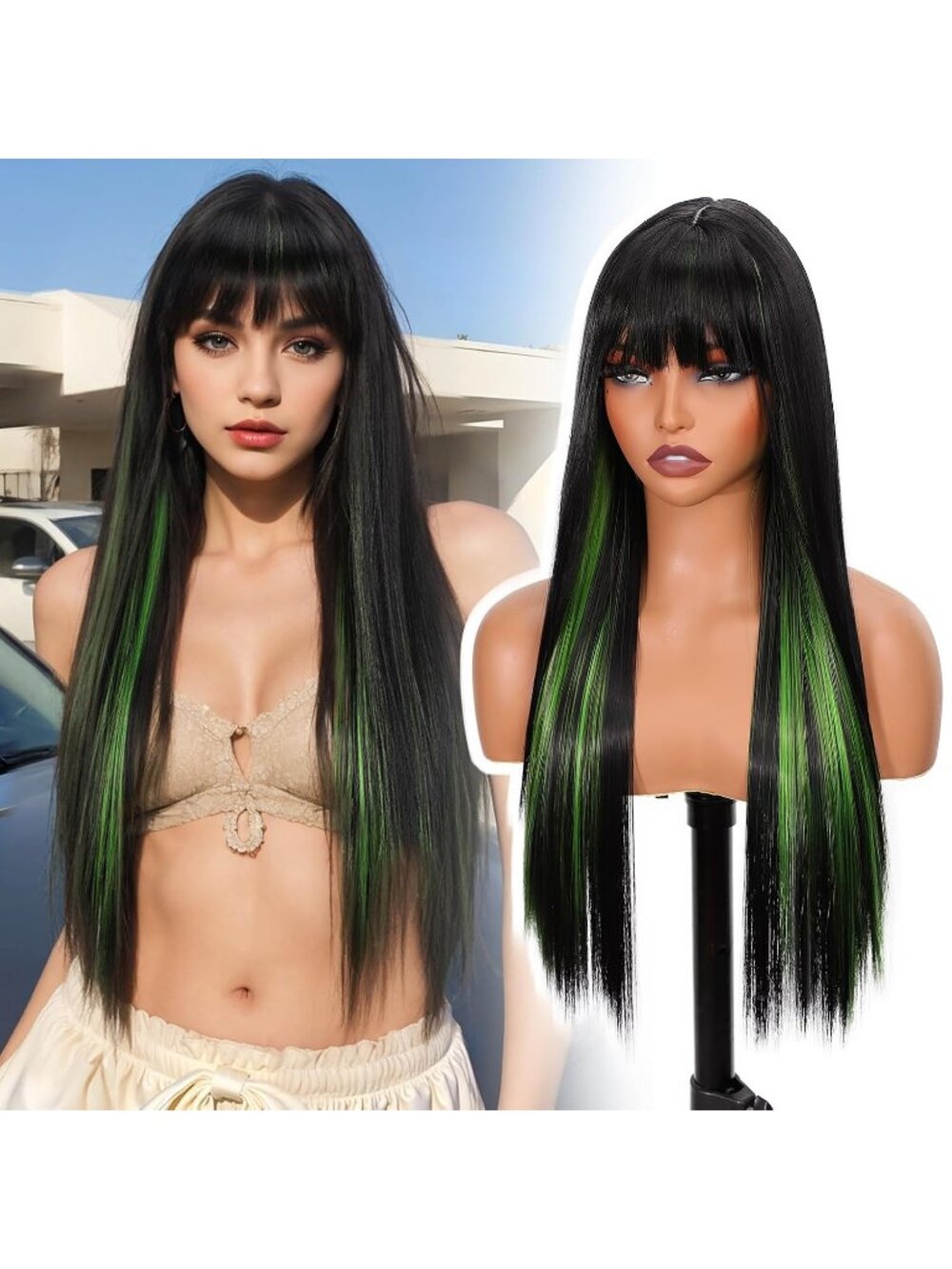 26 inch long straight wig with bangs featuring a black base with trendy highligh